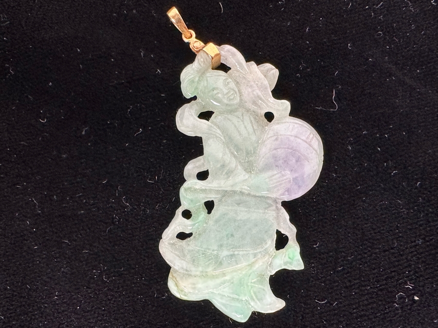 Vintage Chinese Carved Jade Pendant With 14K Gold Bale 10.1g [Photo 14]