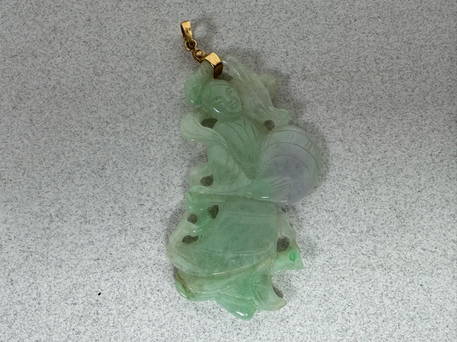 Vintage Chinese Carved Jade Pendant With 14K Gold Bale 10.1g [Photo 13]