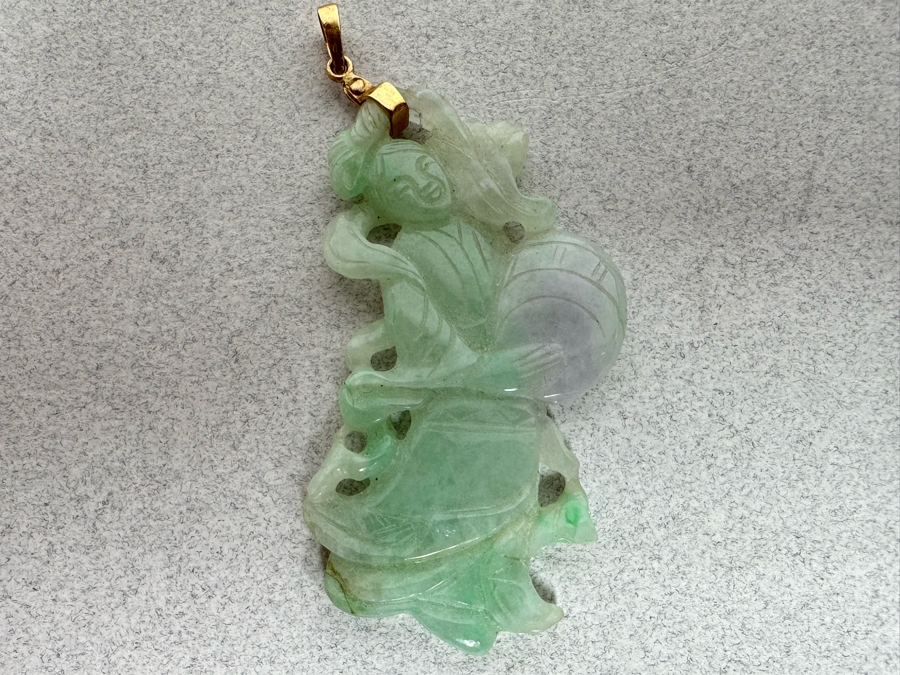 Vintage Chinese Carved Jade Pendant With 14K Gold Bale 10.1g [Photo 4]