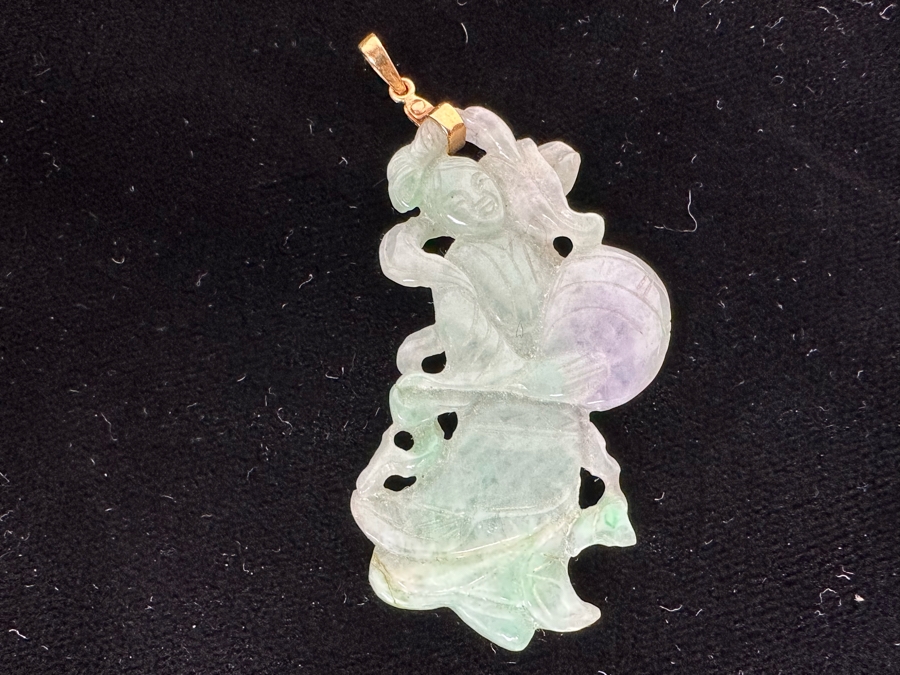 Vintage Chinese Carved Jade Pendant With 14K Gold Bale 10.1g [Photo 2]