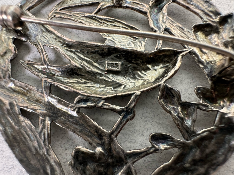 Sterling Silver Floral Brooch Pin With Bird And Butterfly 10.5g [Photo 5]