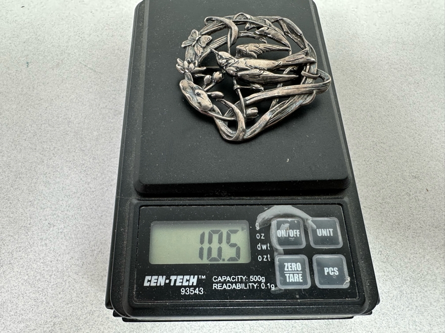 Sterling Silver Floral Brooch Pin With Bird And Butterfly 10.5g [Photo 6]