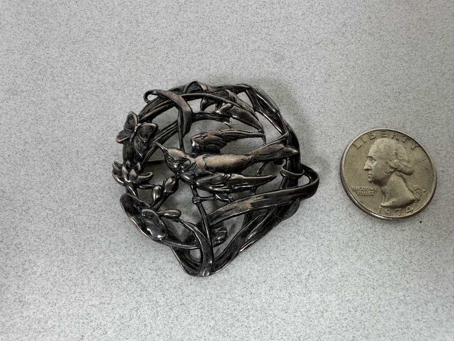 Sterling Silver Floral Brooch Pin With Bird And Butterfly 10.5g [Photo 7]