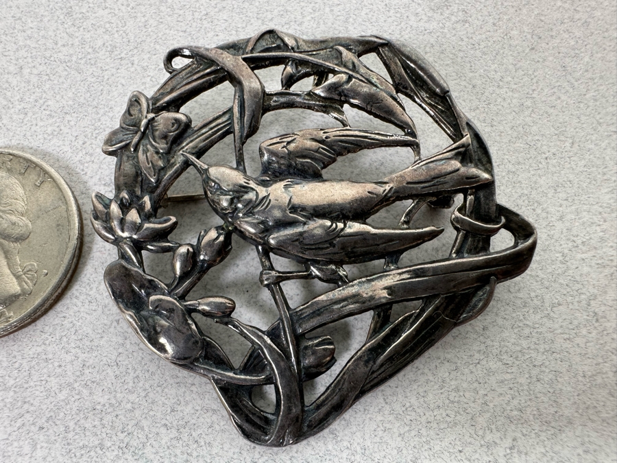 Sterling Silver Floral Brooch Pin With Bird And Butterfly 10.5g [Photo 3]