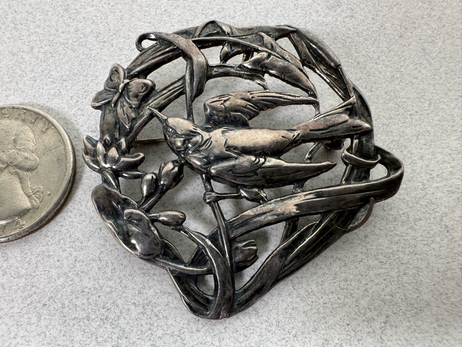 Sterling Silver Floral Brooch Pin With Bird And Butterfly 10.5g [Photo 2]