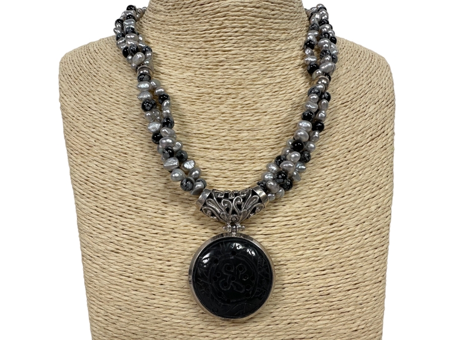 17' Multi-Strand Pearl Necklace With Carved Stone Pendant