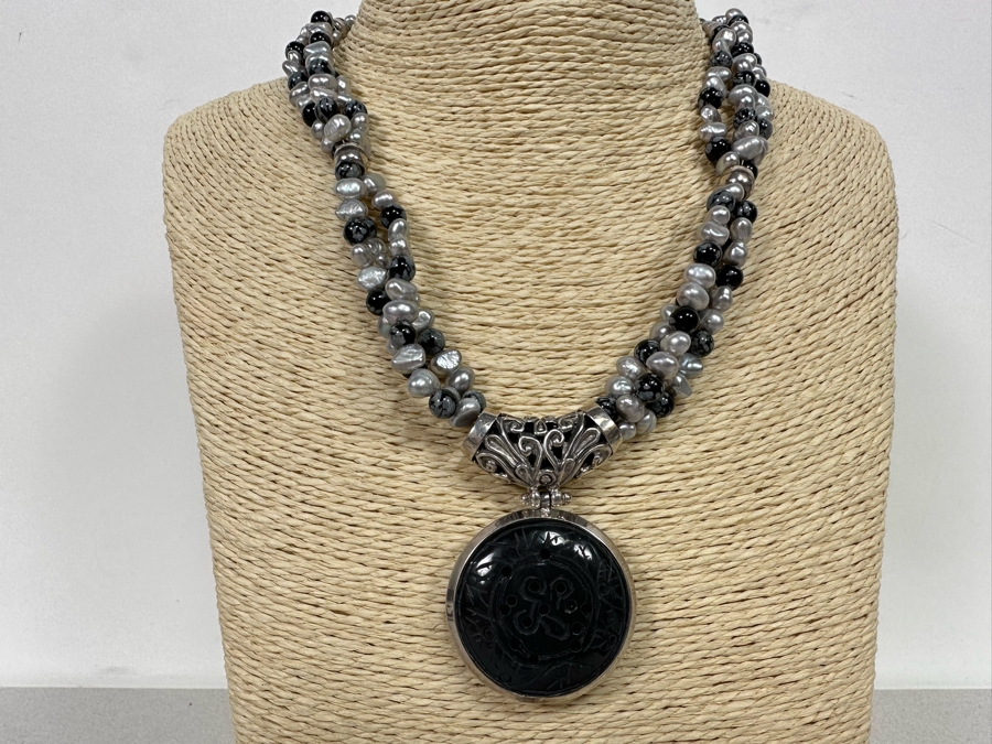 17' Multi-Strand Pearl Necklace With Carved Stone Pendant [Photo 6]