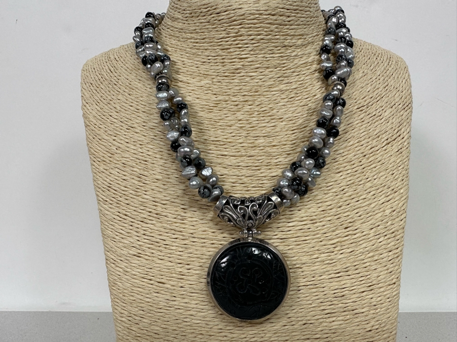 17' Multi-Strand Pearl Necklace With Carved Stone Pendant [Photo 5]