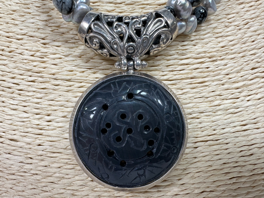 17' Multi-Strand Pearl Necklace With Carved Stone Pendant [Photo 7]