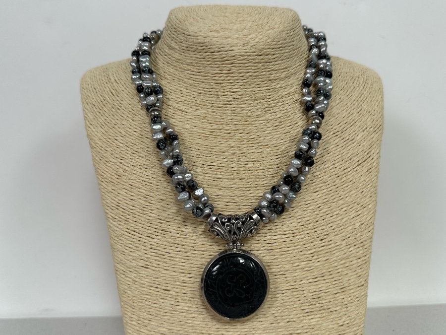 17' Multi-Strand Pearl Necklace With Carved Stone Pendant [Photo 4]