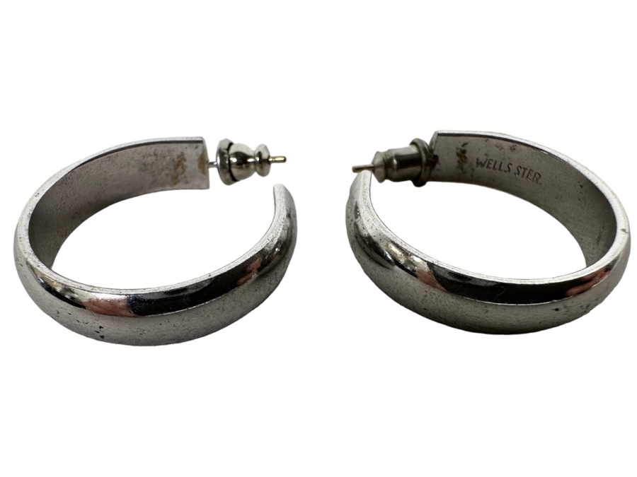 Pair Of Heavy Sterling Silver Hoop Earrings Signed Wells Ster. 15.4g