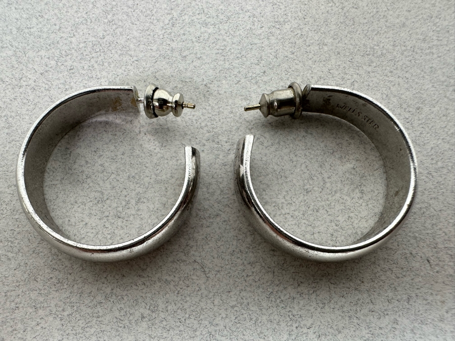Pair Of Heavy Sterling Silver Hoop Earrings Signed Wells Ster. 15.4g [Photo 4]