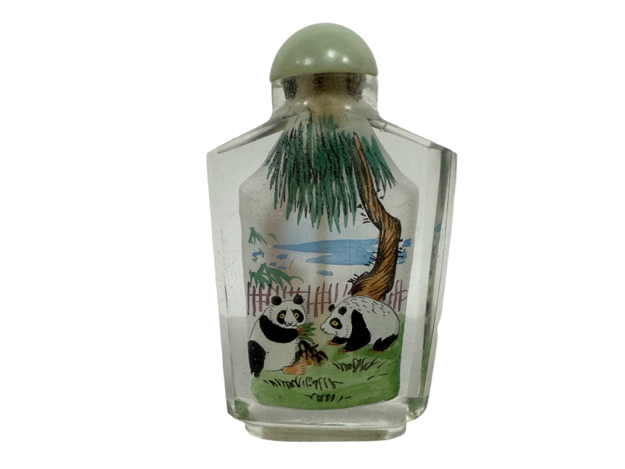 Vintage Chinese Reverse Painted Glass Panda Bears Snuff Bottle 3.5H