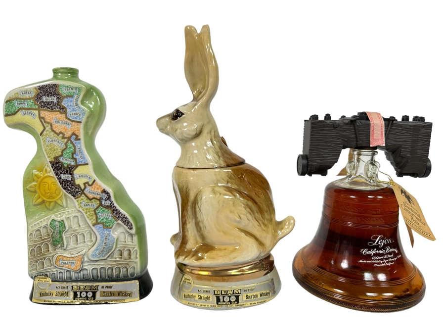 Pair Of Vintage Jim Beam Liquor Decanters And Lejon Brandy Bicentennial Commemorative Bottle
