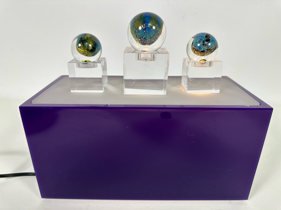 Set Of Three Art Glass Balls With Lucite Display Stand 10.25W X 5D X 7H [Photo 3]