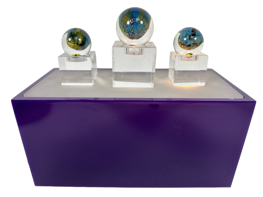 Set Of Three Art Glass Balls With Lucite Display Stand 10.25W X 5D X 7H [Photo 1]