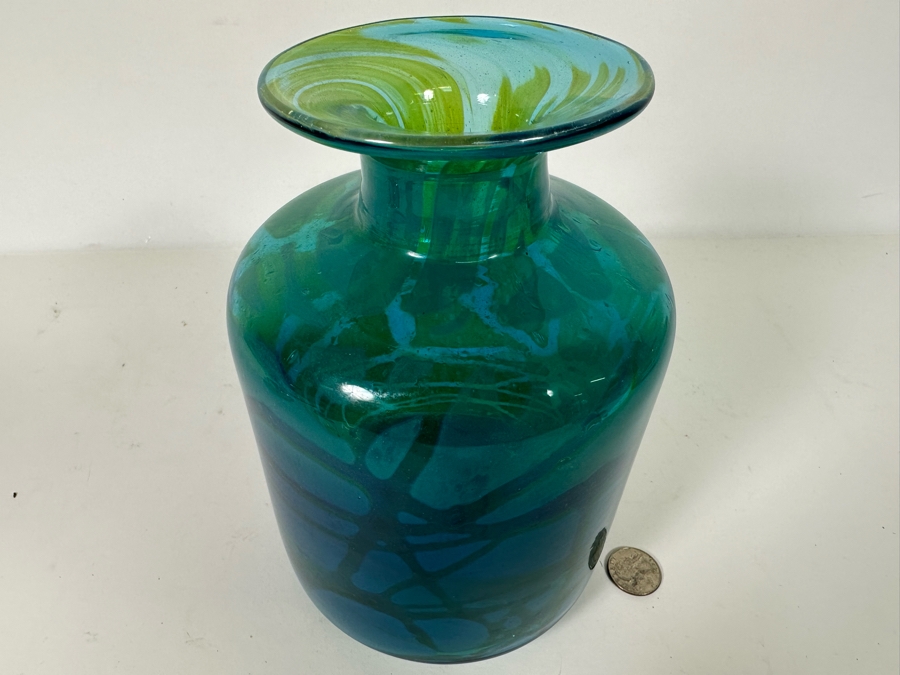 Vintage Signed Mdina Glass Vase by Michael Harris Vibrant Blue/Green 8H x 6W  [Photo 4]