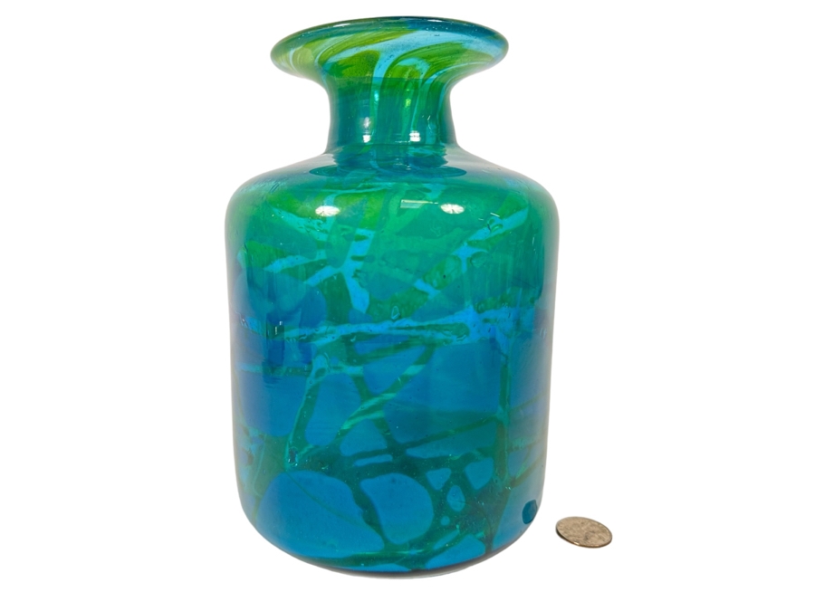 Vintage Signed Mdina Glass Vase by Michael Harris Vibrant Blue/Green 8H x 6W  [Photo 1]