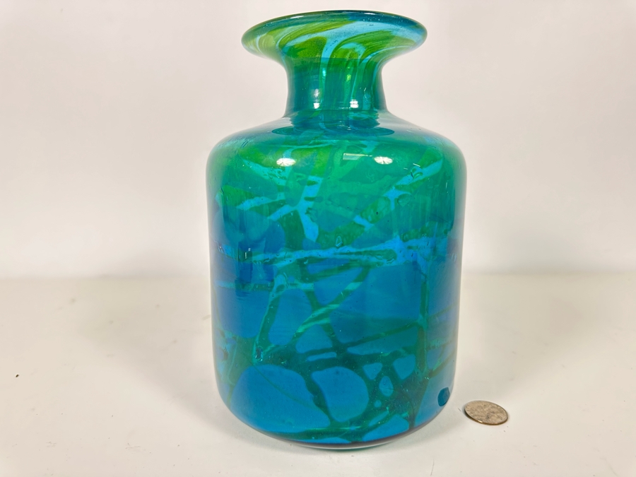 Vintage Signed Mdina Glass Vase by Michael Harris Vibrant Blue/Green 8H x 6W  [Photo 2]