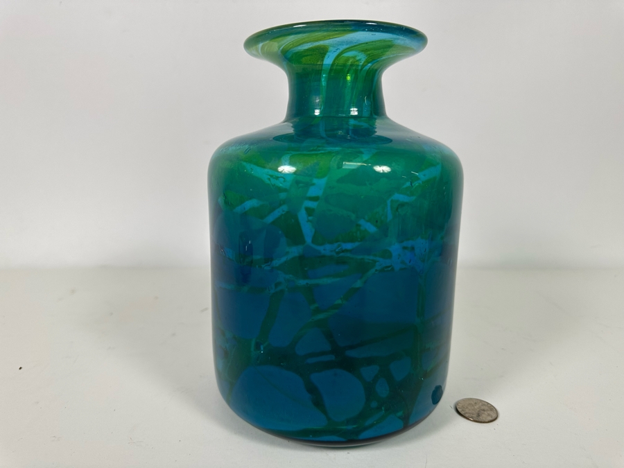 Vintage Signed Mdina Glass Vase by Michael Harris Vibrant Blue/Green 8H x 6W  [Photo 3]