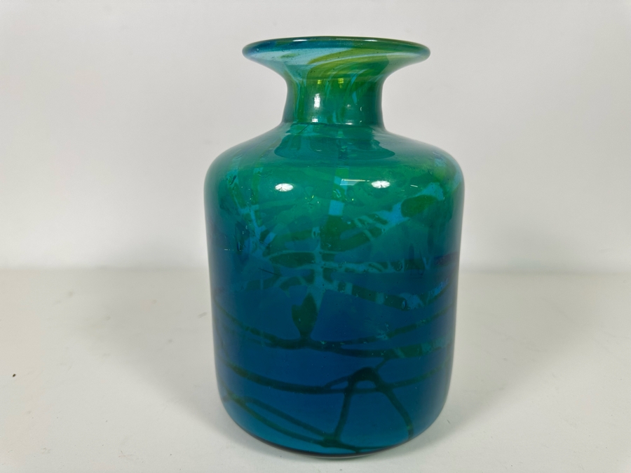 Vintage Signed Mdina Glass Vase by Michael Harris Vibrant Blue/Green 8H x 6W  [Photo 7]