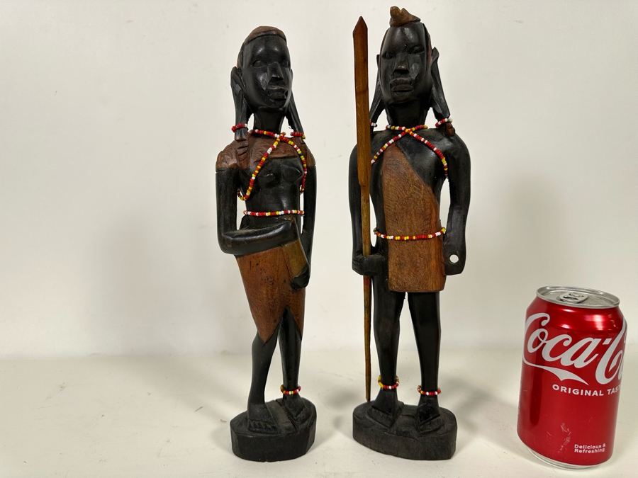 Pair Of Vintage Hand Carved Wooden African Man And Woman Sculptures 12H [Photo 3]