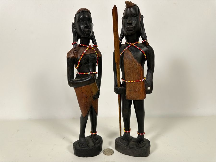 Pair Of Vintage Hand Carved Wooden African Man And Woman Sculptures 12H [Photo 4]