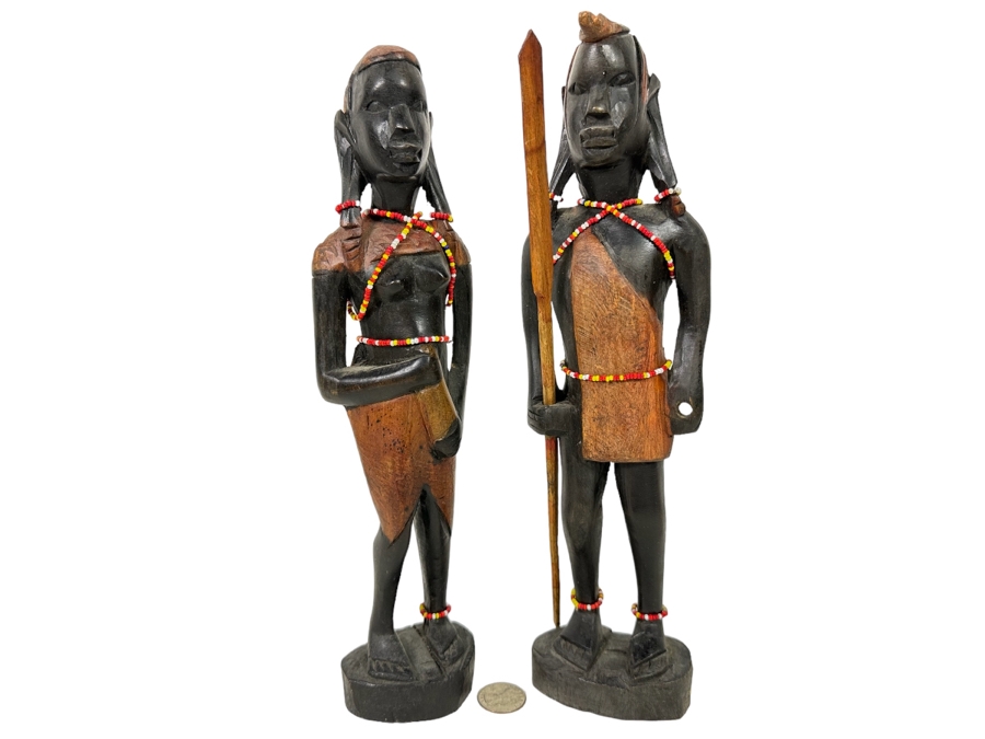 Pair Of Vintage Hand Carved Wooden African Man And Woman Sculptures 12H