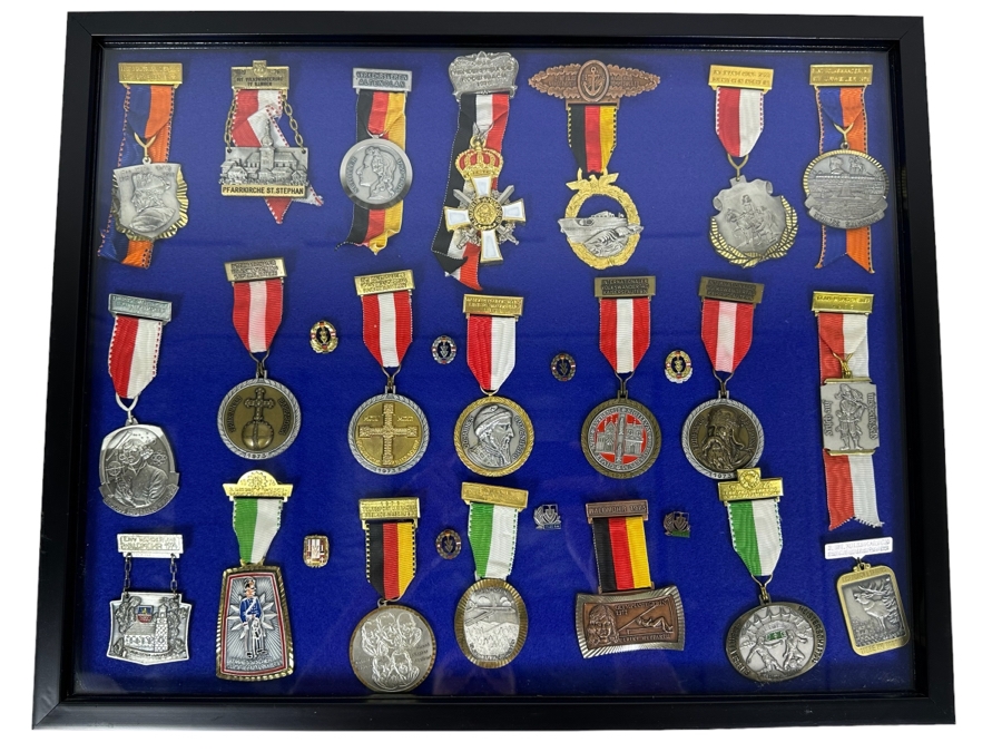 Vintage 1970s German Volksmarch Volkswanderung Medals Nicely Displayed In A Shadowbox Frame 21 X 17