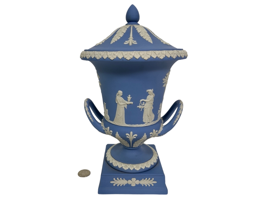 Vintage Wedgwood Blue Jasperware Campagna Lidded Urn Pedestal Vase with White Bas-Relief and Sacrificial Characters 12H [Photo 1]