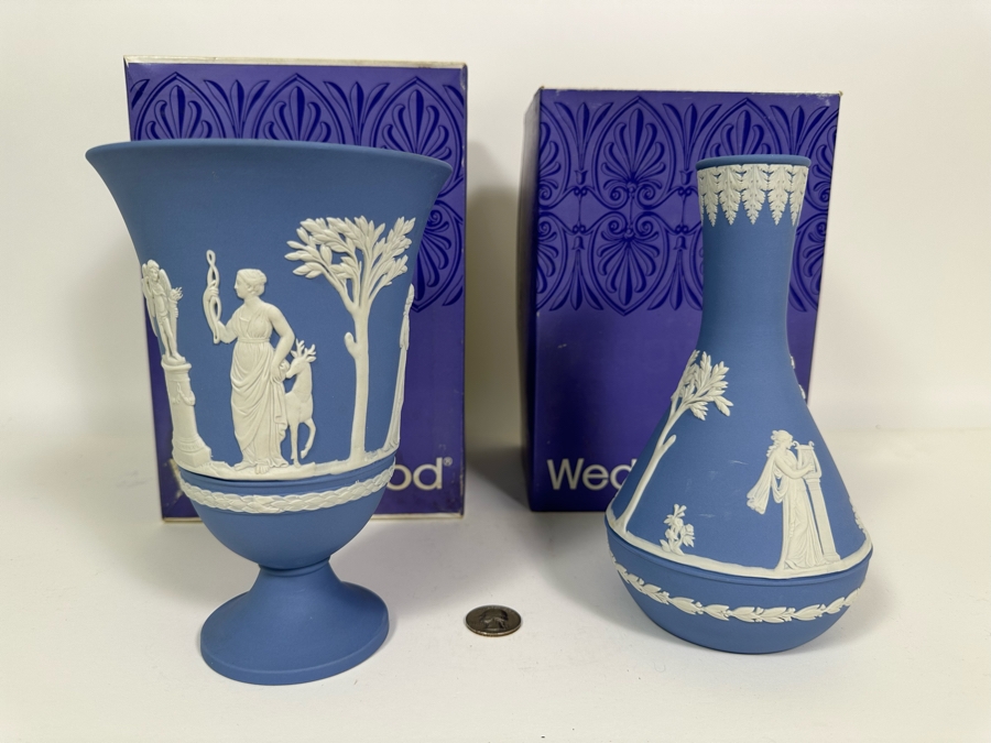 Vintage Wedgwood Jasperware Pale Blue Arcadian Vase and Vase with Boxes 7.5H [Photo 4]