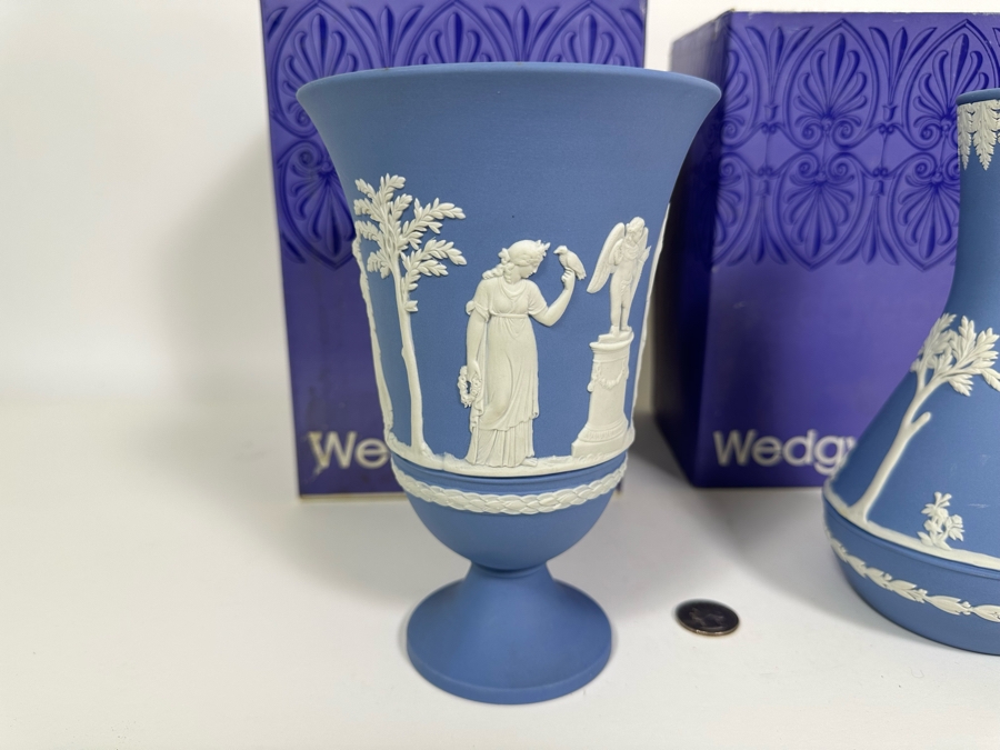 Vintage Wedgwood Jasperware Pale Blue Arcadian Vase and Vase with Boxes 7.5H [Photo 6]