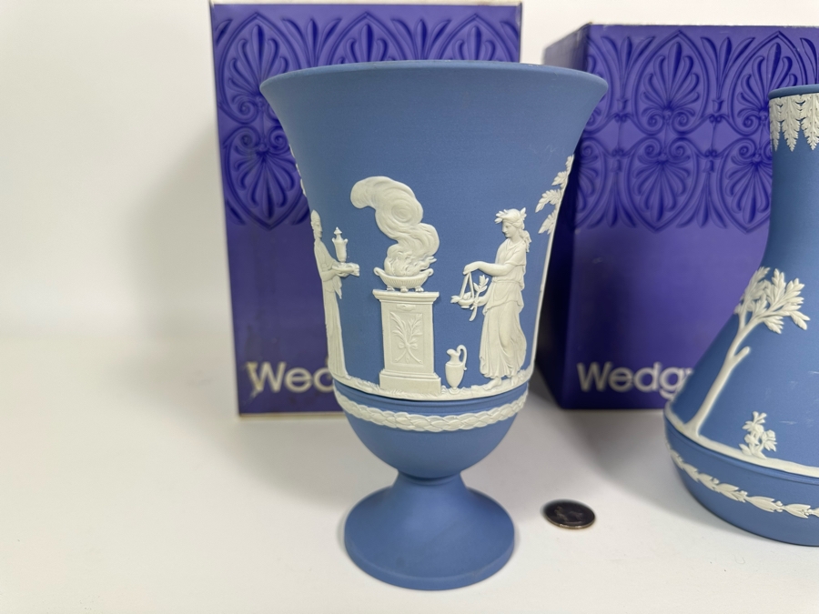 Vintage Wedgwood Jasperware Pale Blue Arcadian Vase and Vase with Boxes 7.5H [Photo 7]