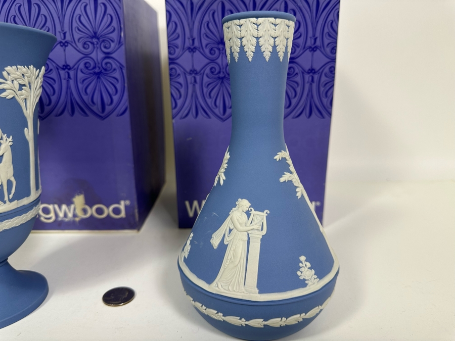 Vintage Wedgwood Jasperware Pale Blue Arcadian Vase and Vase with Boxes 7.5H [Photo 13]
