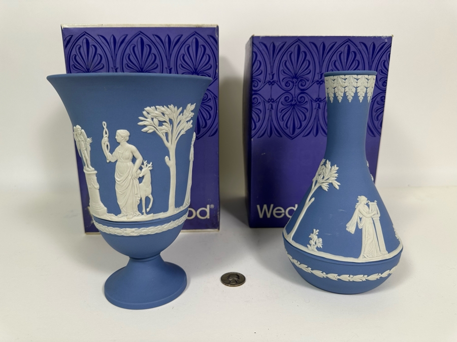 Vintage Wedgwood Jasperware Pale Blue Arcadian Vase and Vase with Boxes 7.5H [Photo 2]