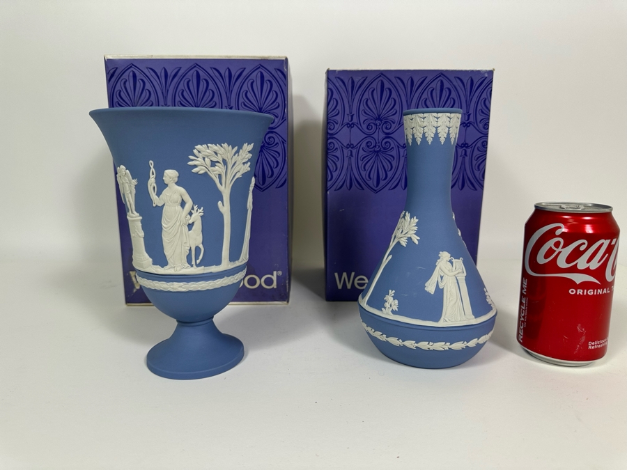 Vintage Wedgwood Jasperware Pale Blue Arcadian Vase and Vase with Boxes 7.5H [Photo 3]