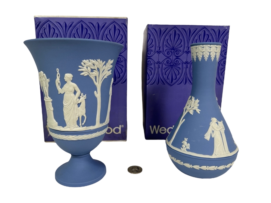 Vintage Wedgwood Jasperware Pale Blue Arcadian Vase and Vase with Boxes 7.5H [Photo 1]