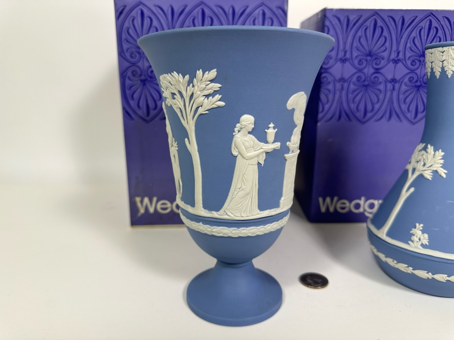 Vintage Wedgwood Jasperware Pale Blue Arcadian Vase and Vase with Boxes 7.5H [Photo 8]