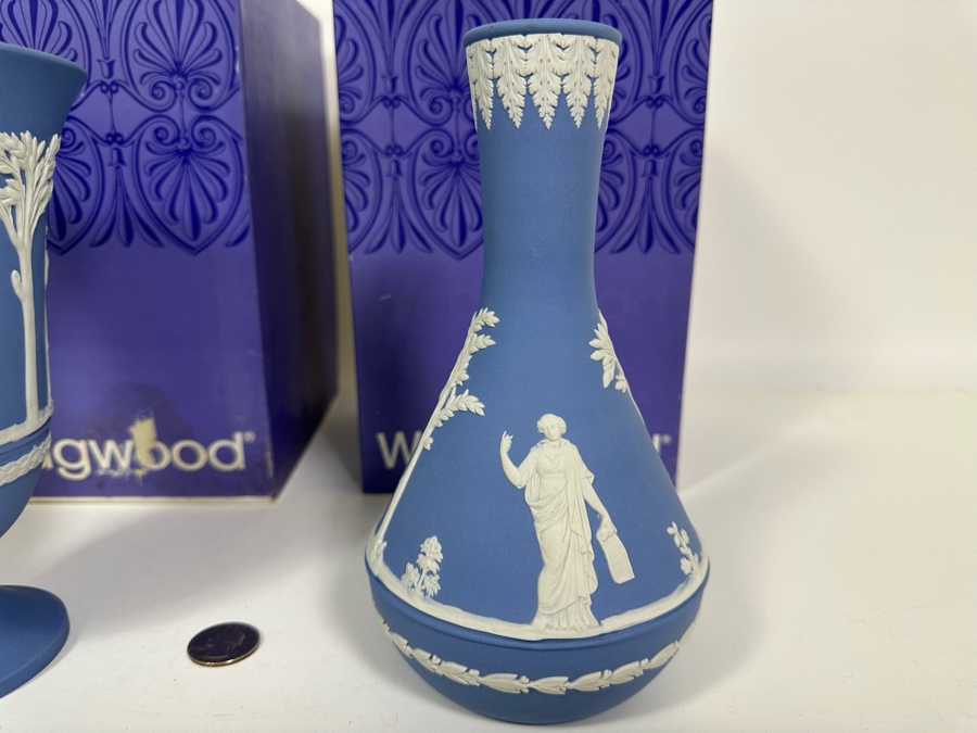 Vintage Wedgwood Jasperware Pale Blue Arcadian Vase and Vase with Boxes 7.5H [Photo 12]