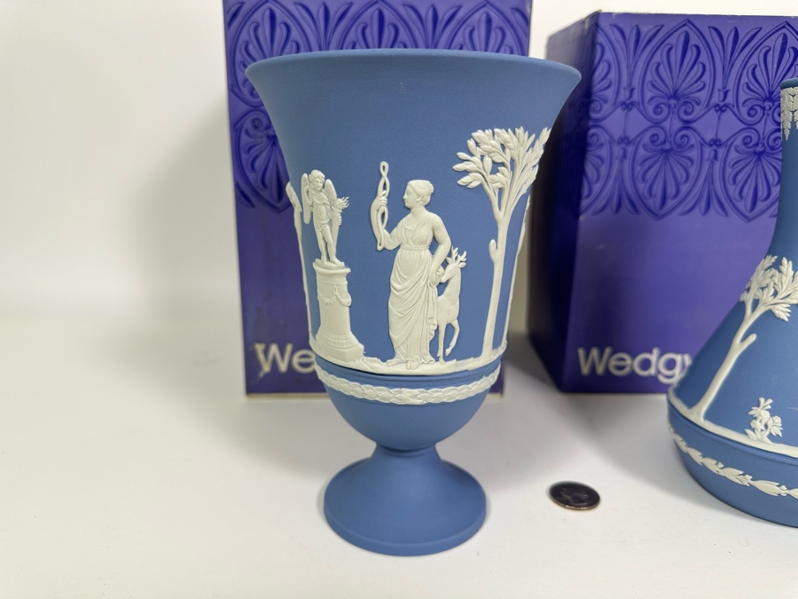 Vintage Wedgwood Jasperware Pale Blue Arcadian Vase and Vase with Boxes 7.5H [Photo 5]