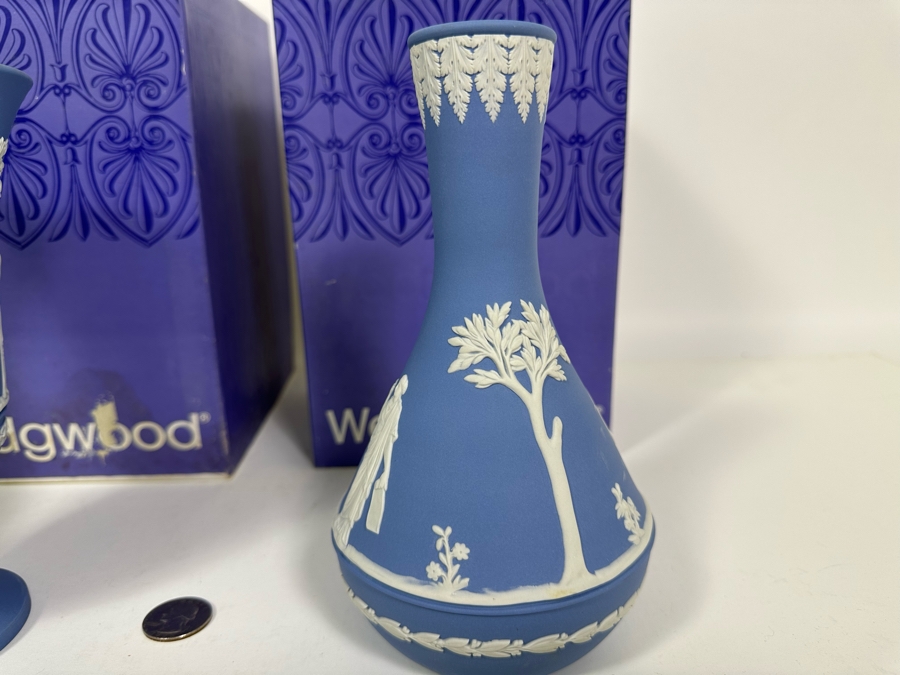Vintage Wedgwood Jasperware Pale Blue Arcadian Vase and Vase with Boxes 7.5H [Photo 11]