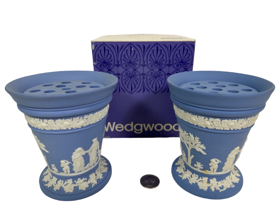 Vintage Wedgwood Jasperware Pale Blue Flower Vase and Grid with Boxes 5H [Photo 1]