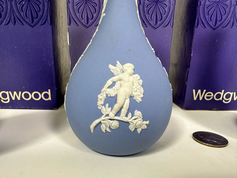 Lot of Vintage Wedgwood Jasperware Pale Blue Posy Pot Garden, Two Bud Vases and Arcadian Vase with Boxes 4.75 - 5.25H [Photo 8]
