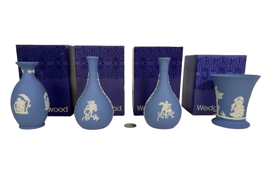 Lot of Vintage Wedgwood Jasperware Pale Blue Posy Pot Garden, Two Bud Vases and Arcadian Vase with Boxes 4.75 - 5.25H [Photo 1]