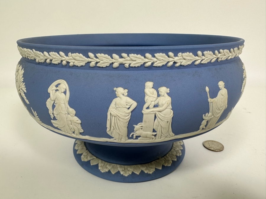Vintage Wedgwood Jasperware Pale Blue Footed Pedestal Bowl with Sacrificial Characters 8W x 5H [Photo 3]