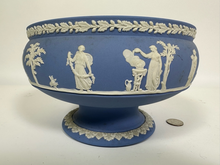 Vintage Wedgwood Jasperware Pale Blue Footed Pedestal Bowl with Sacrificial Characters 8W x 5H [Photo 6]