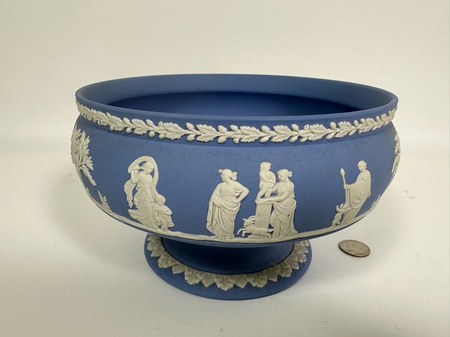 Vintage Wedgwood Jasperware Pale Blue Footed Pedestal Bowl with Sacrificial Characters 8W x 5H [Photo 4]