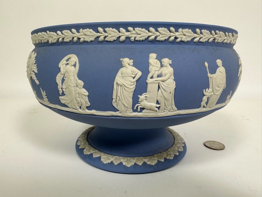Vintage Wedgwood Jasperware Pale Blue Footed Pedestal Bowl with Sacrificial Characters 8W x 5H [Photo 5]