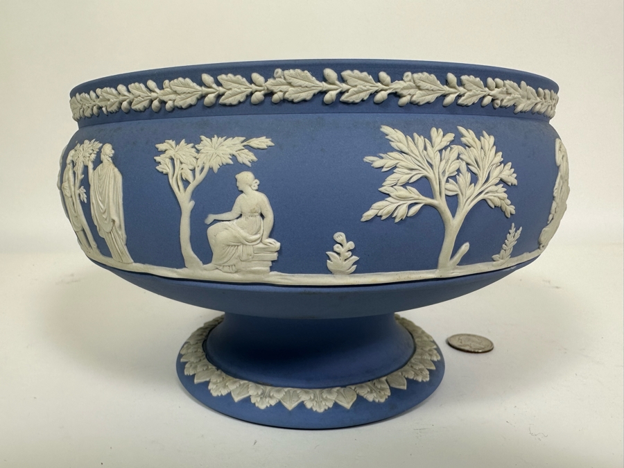 Vintage Wedgwood Jasperware Pale Blue Footed Pedestal Bowl with Sacrificial Characters 8W x 5H [Photo 8]