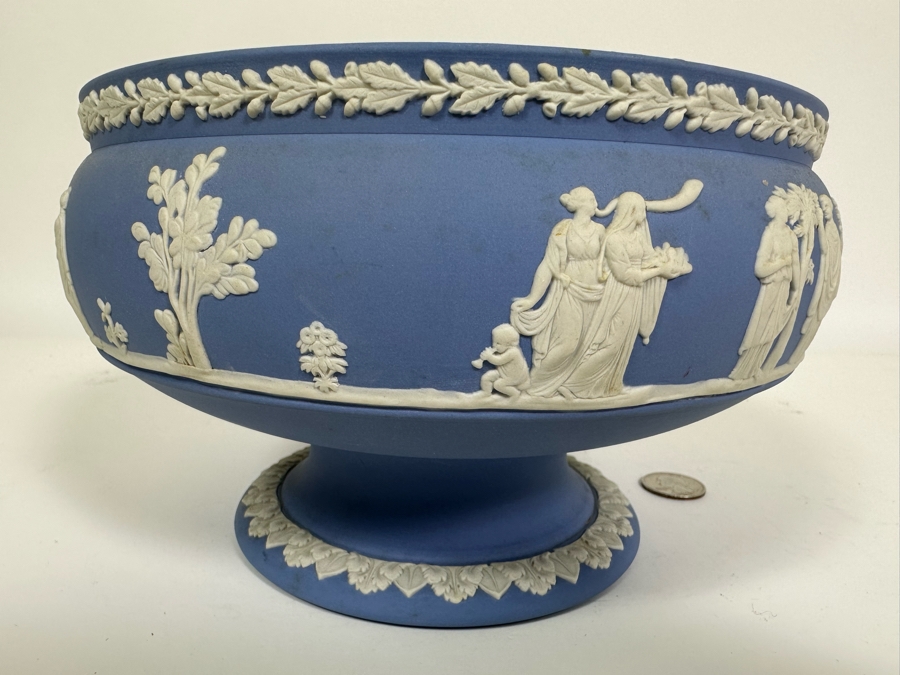 Vintage Wedgwood Jasperware Pale Blue Footed Pedestal Bowl with Sacrificial Characters 8W x 5H [Photo 7]
